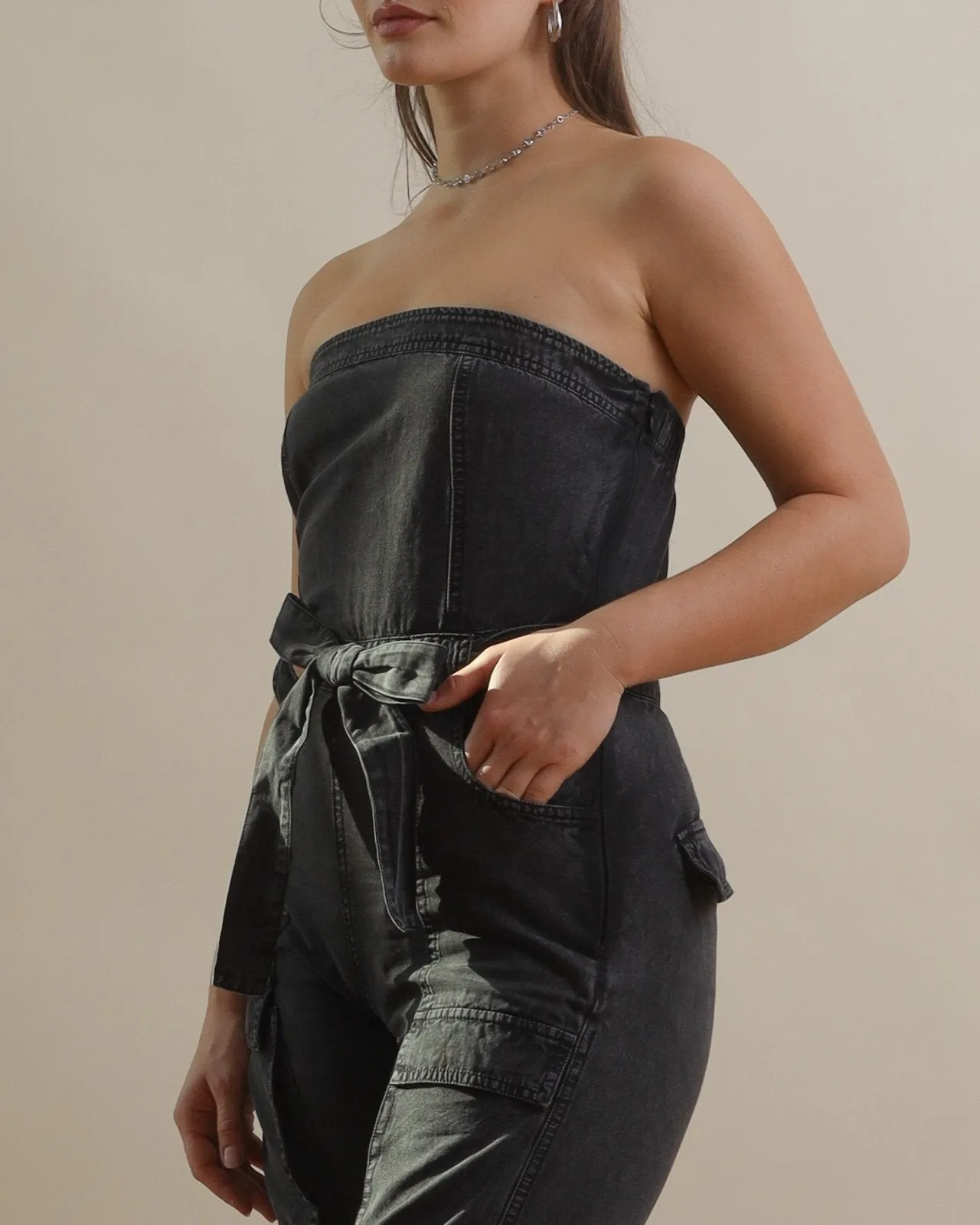 Washed Black Strapless Cargo Jumpsuit with Pockets