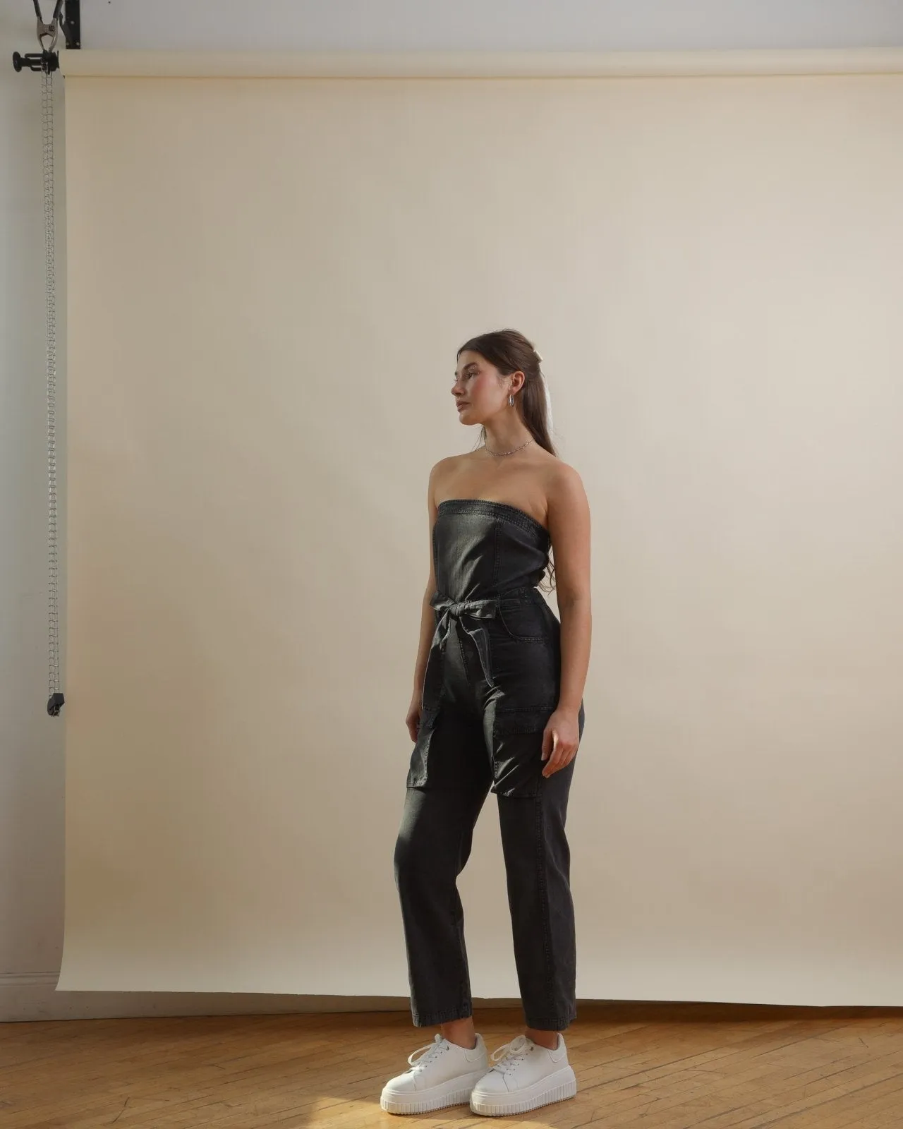 Washed Black Strapless Cargo Jumpsuit with Pockets