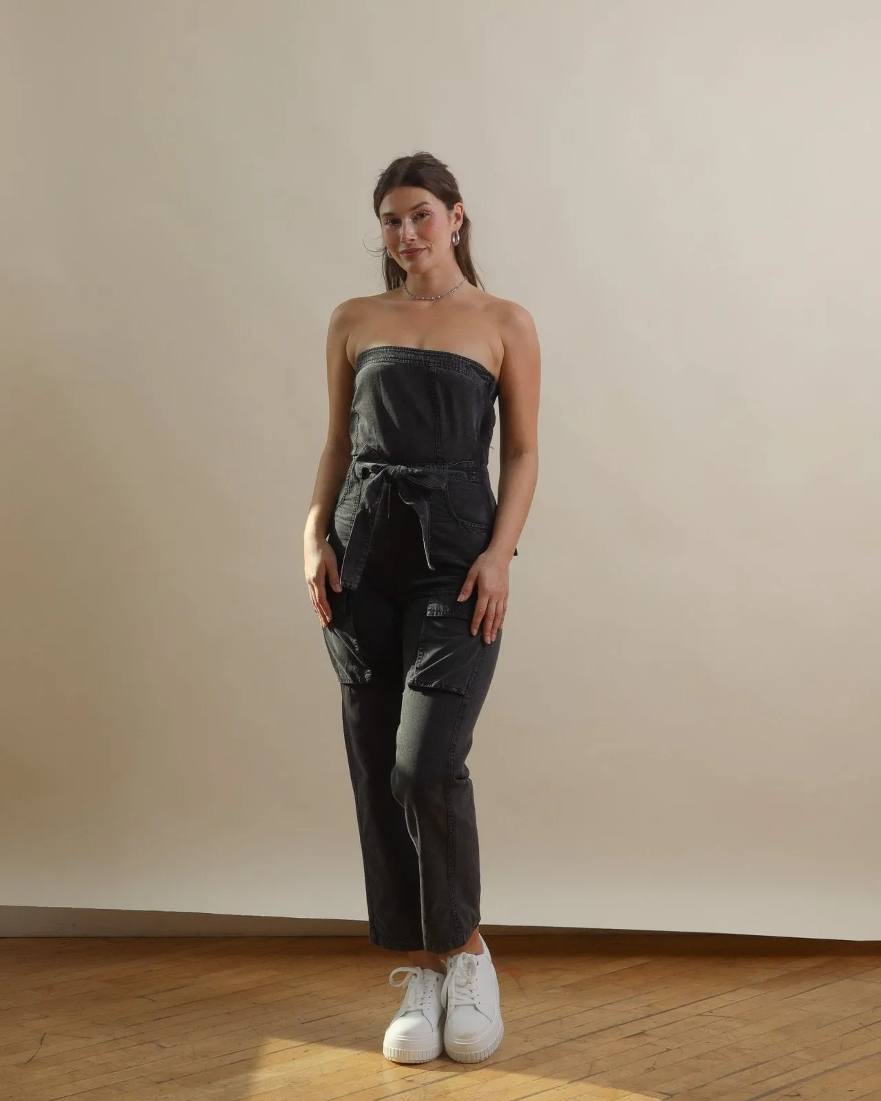 Washed Black Strapless Cargo Jumpsuit with Pockets