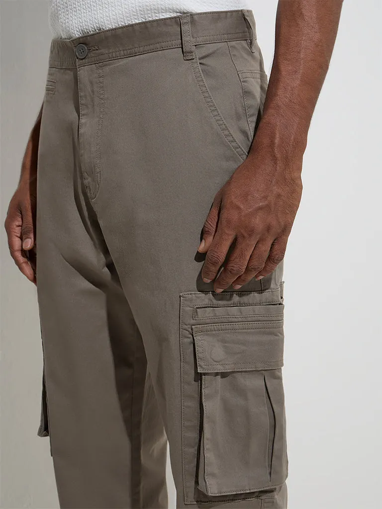 WES Casuals Taupe Relaxed-Fit Mid-Rise Cotton-Blend Trousers