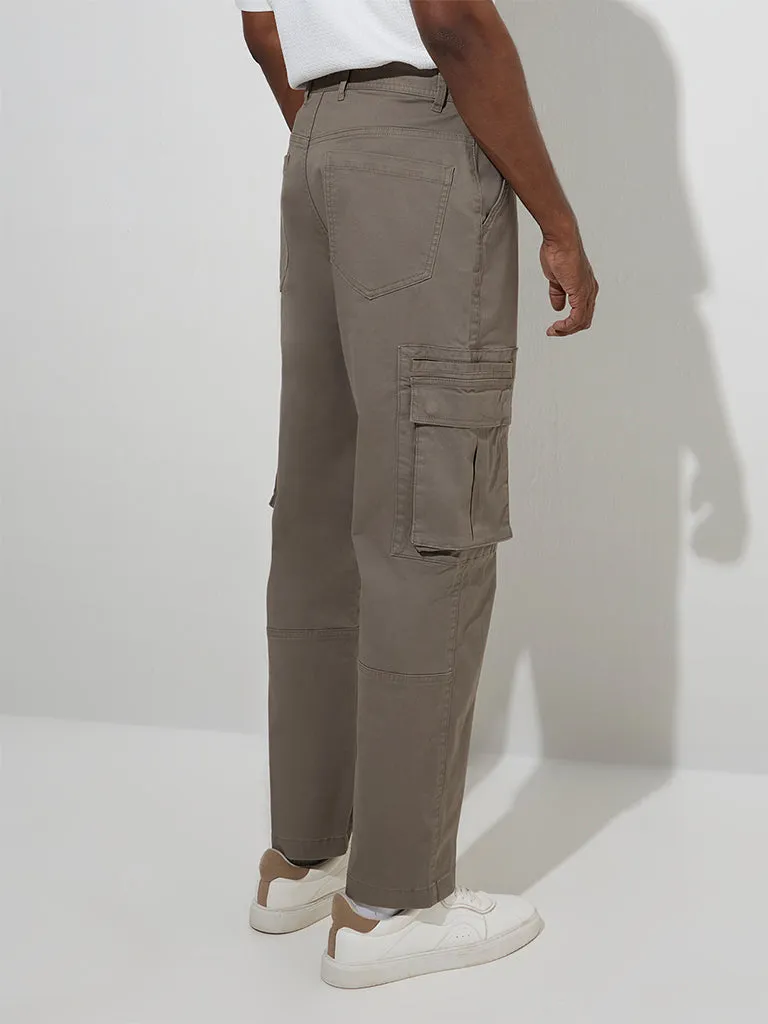 WES Casuals Taupe Relaxed-Fit Mid-Rise Cotton-Blend Trousers