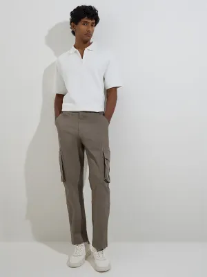 WES Casuals Taupe Relaxed-Fit Mid-Rise Cotton-Blend Trousers