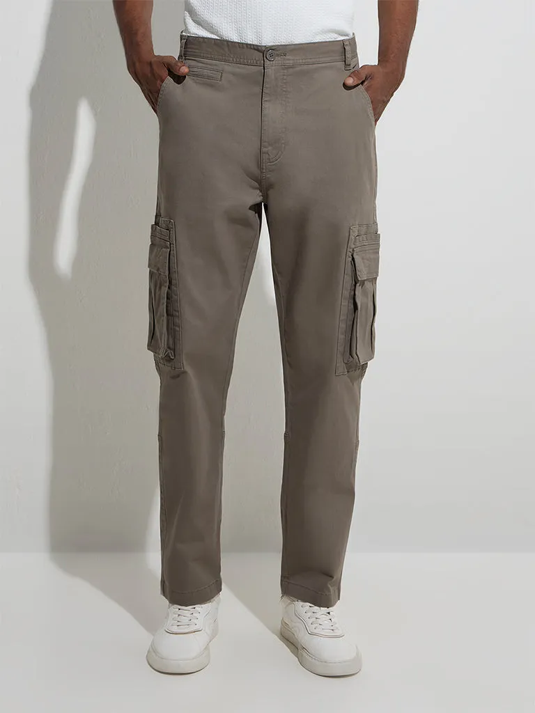 WES Casuals Taupe Relaxed-Fit Mid-Rise Cotton-Blend Trousers