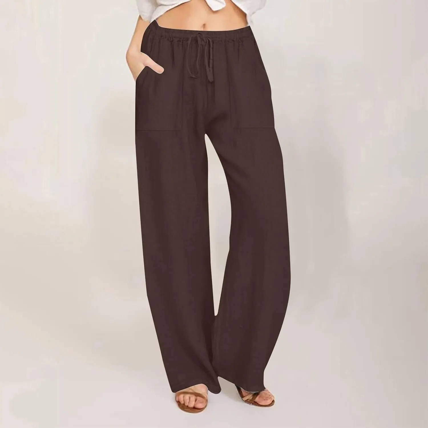Wide Leg Linen Pants for Women Elastic Waist Summer Casual Solid Color Loose Fit Palazzo Trousers with Pockets
