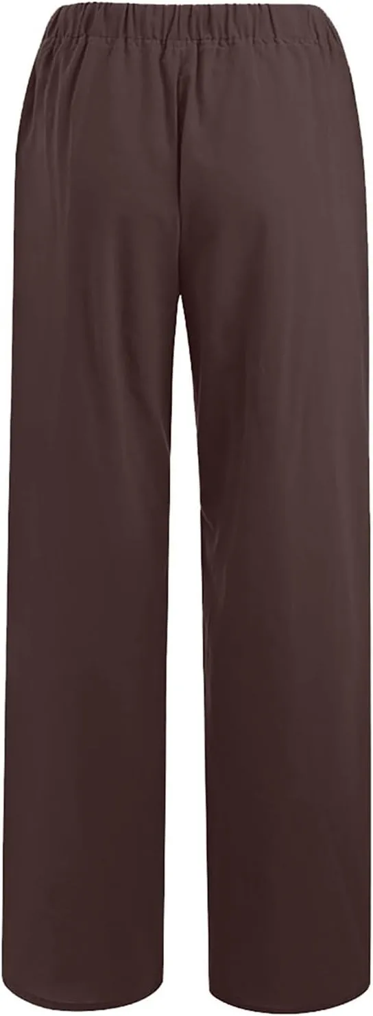 Wide Leg Linen Pants for Women Elastic Waist Summer Casual Solid Color Loose Fit Palazzo Trousers with Pockets