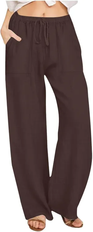 Wide Leg Linen Pants for Women Elastic Waist Summer Casual Solid Color Loose Fit Palazzo Trousers with Pockets