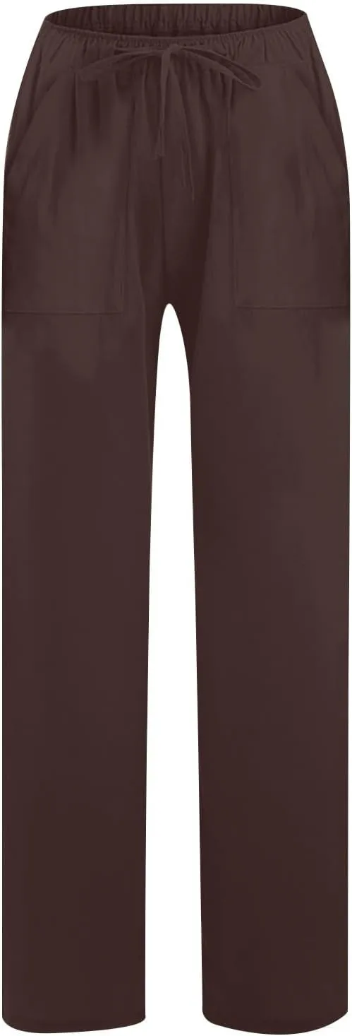 Wide Leg Linen Pants for Women Elastic Waist Summer Casual Solid Color Loose Fit Palazzo Trousers with Pockets