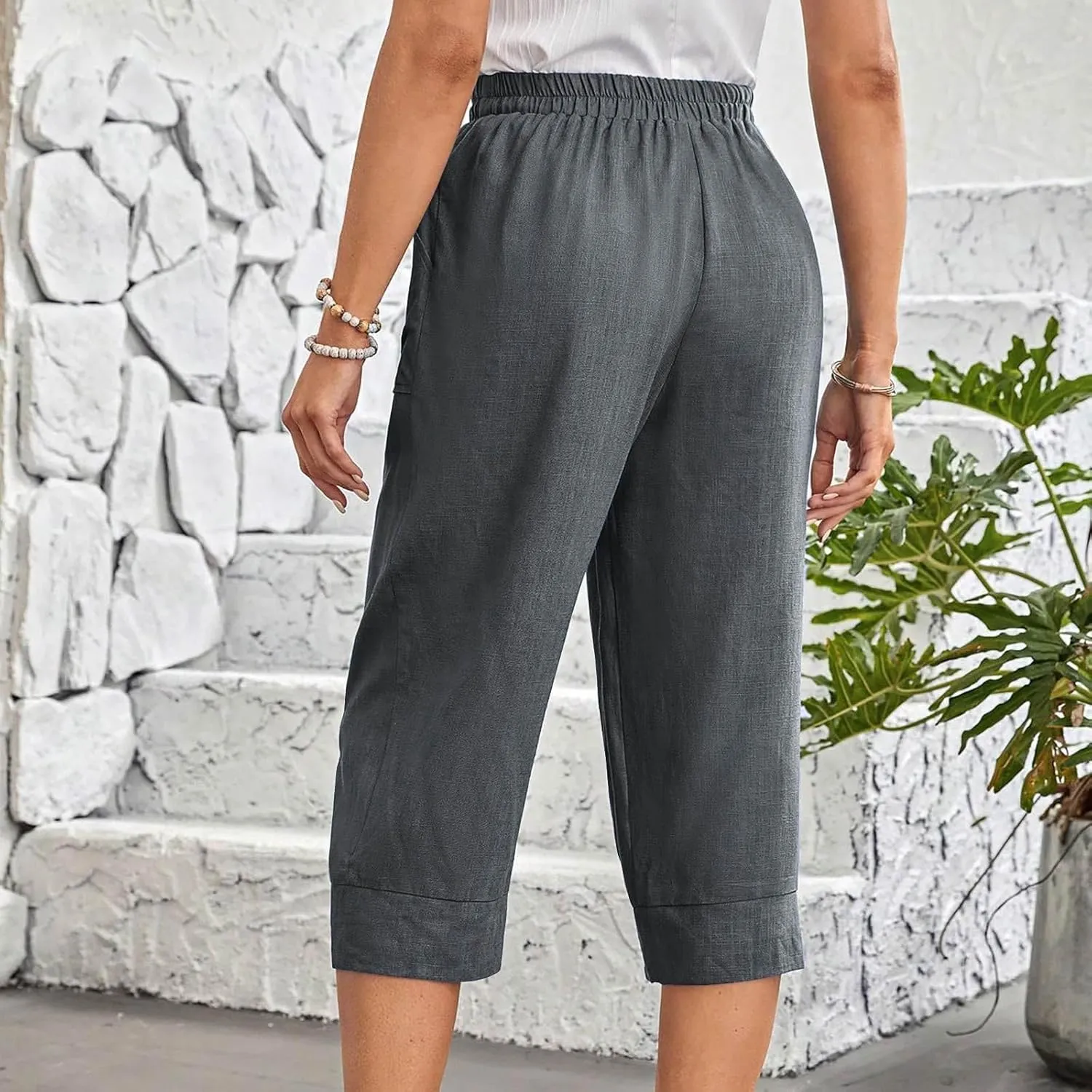 Womens Comfy Loose Linen Capris Shorts Cotton Hemp Sweatpants Lightweigt Beach Harem Pants Hawaiian Travel Mexico Vacation
