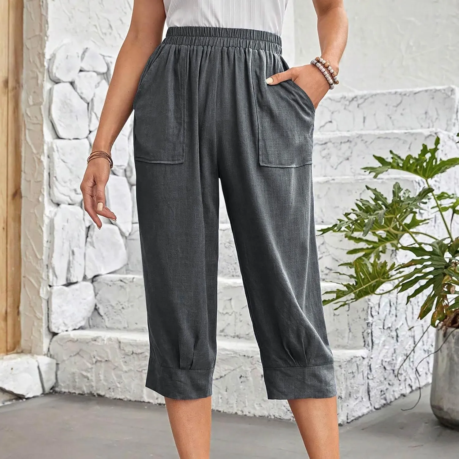 Womens Comfy Loose Linen Capris Shorts Cotton Hemp Sweatpants Lightweigt Beach Harem Pants Hawaiian Travel Mexico Vacation