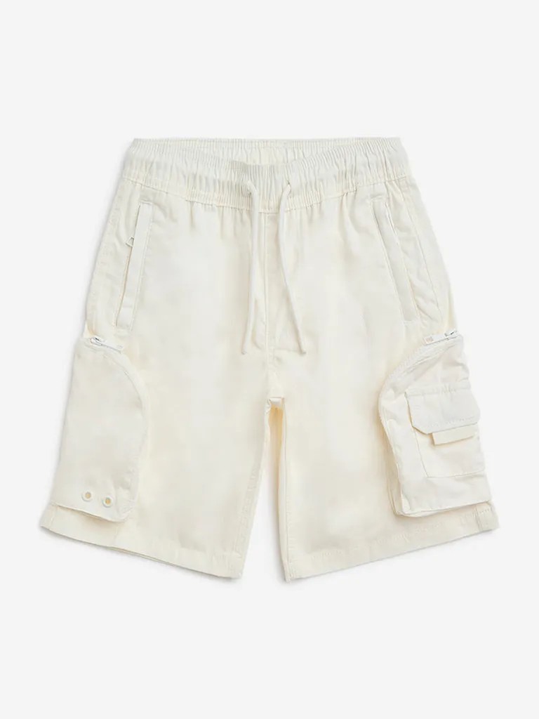 Y&F Kids Off-White Cargo-Style Mid-Rise Cotton-Blend Shorts