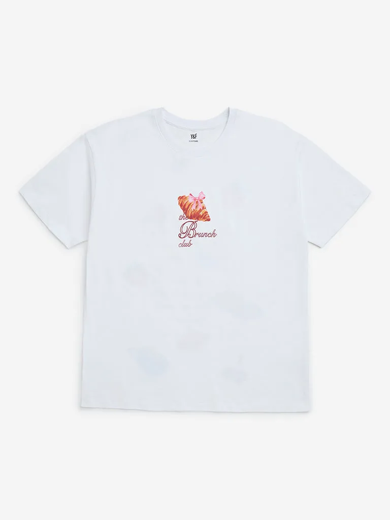 Y&F Kids White Printed Cotton T-Shirt