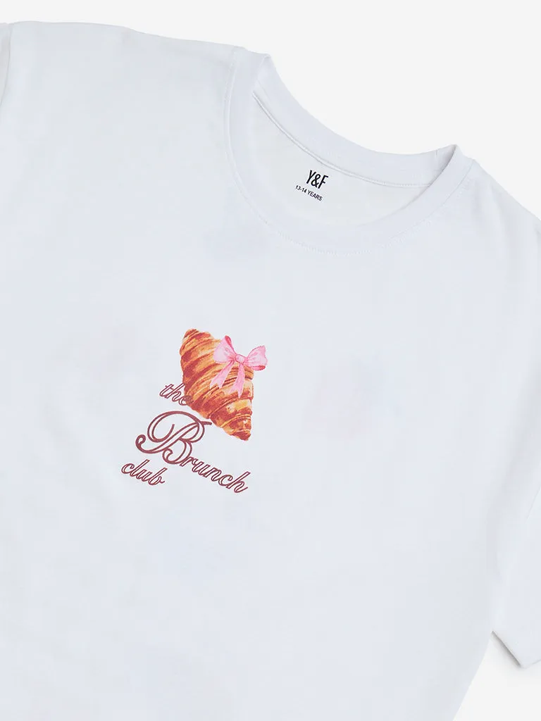 Y&F Kids White Printed Cotton T-Shirt