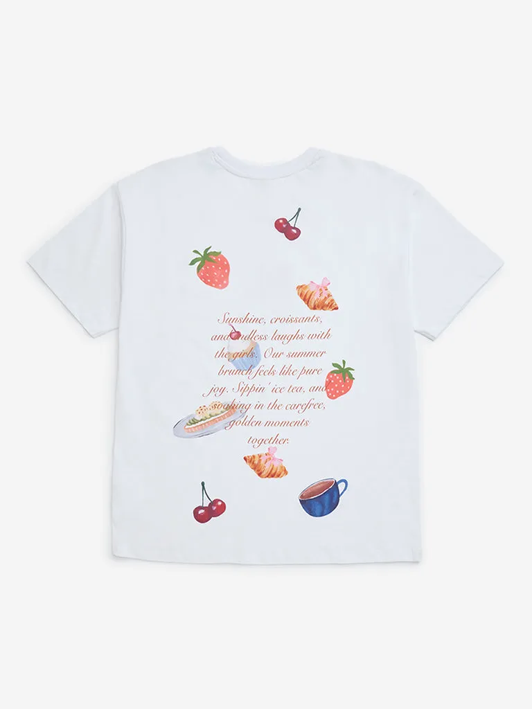 Y&F Kids White Printed Cotton T-Shirt